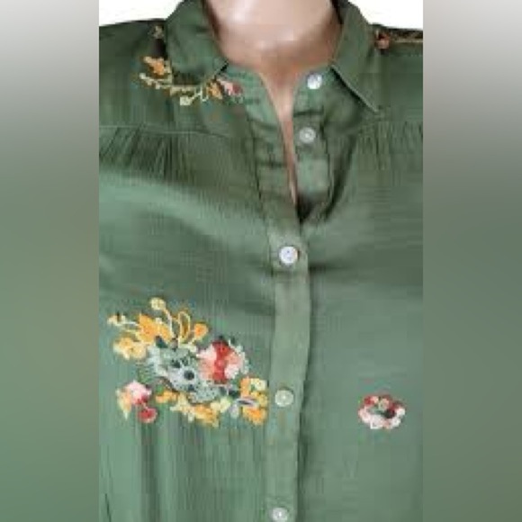 Anthro’s Fig and Flower Green Embroidered Long Sleeve Button Down Shirt,Size S - Picture 5 of 10